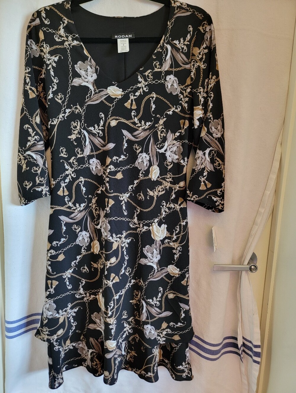 Rodan Black Floral & Chain-Print V-Neck Midi Dress